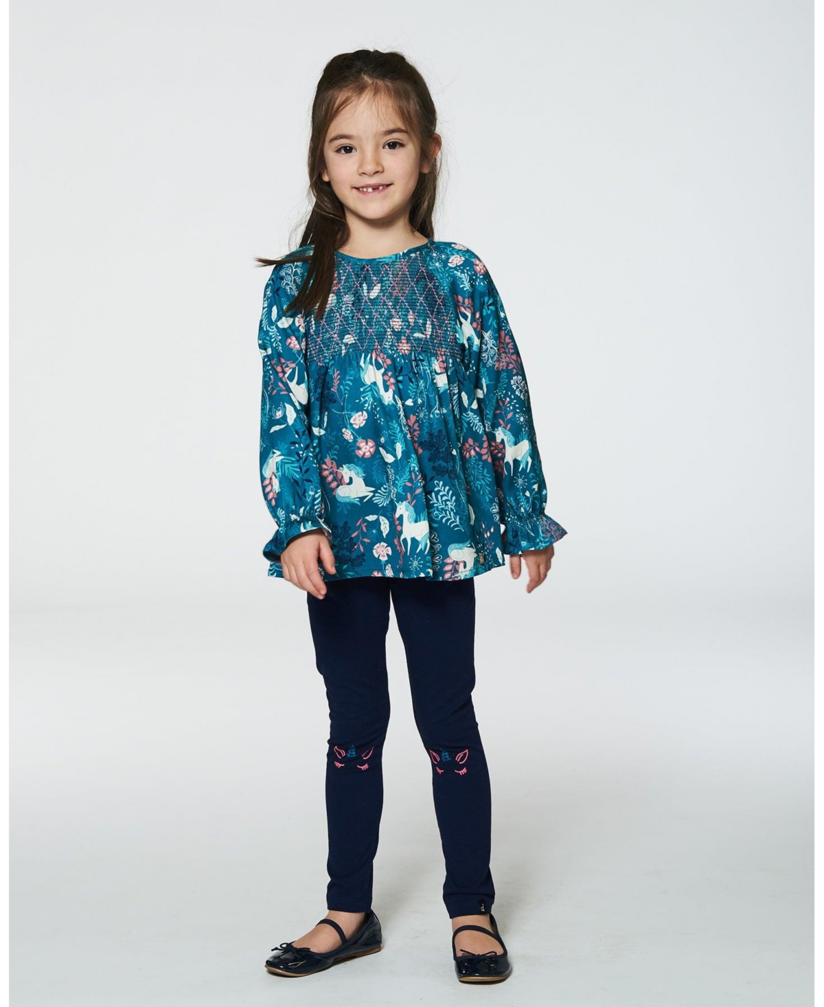 Deux par Deux Big Girls Long Sleeve Viscose Blouse- Turquoise printed fairy unicorn