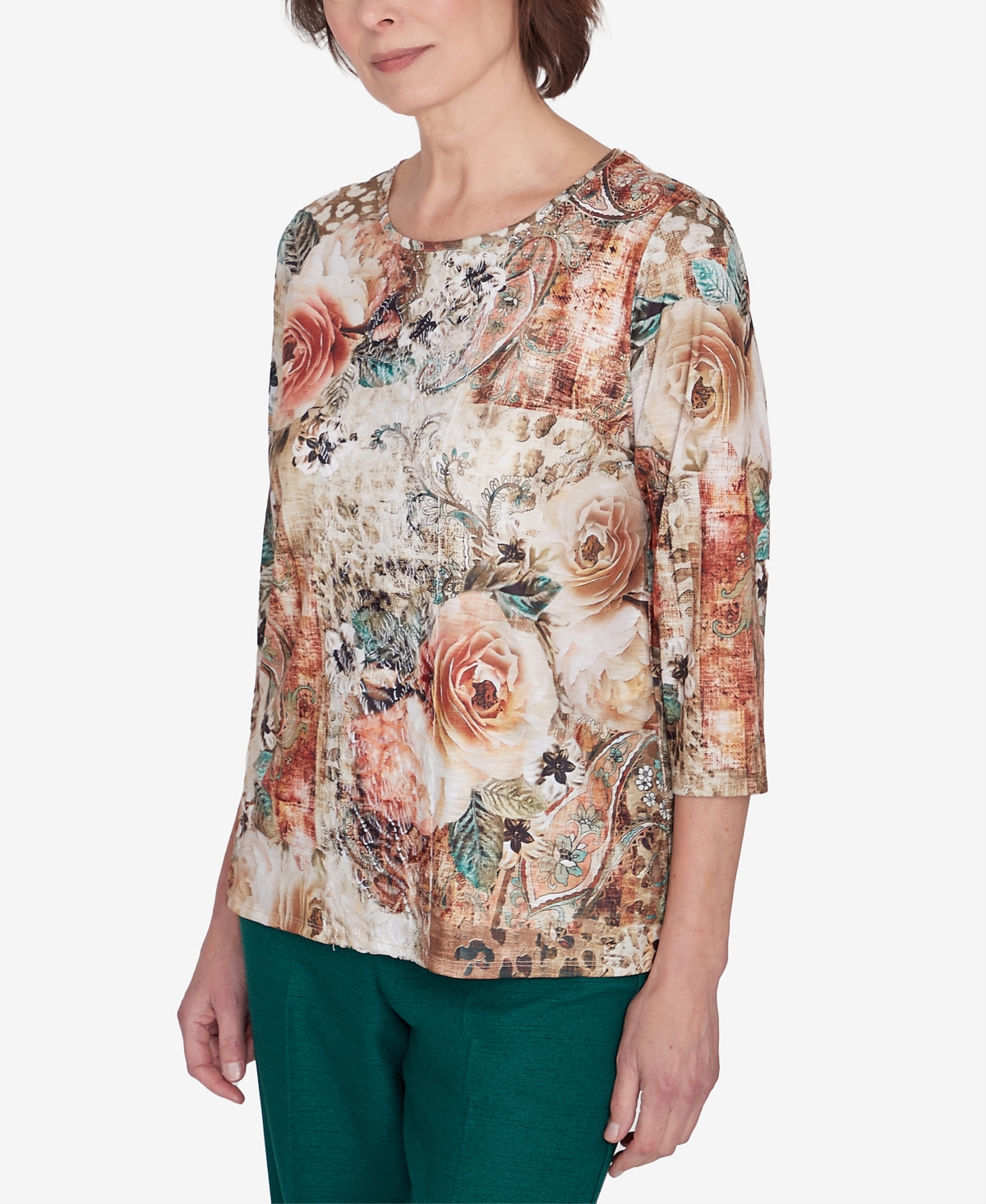 Alfred Dunner Women's Emerald Isle Center Lace Floral Print Top