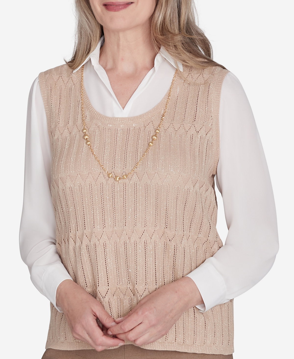 Alfred Dunner Plus Size Emerald Isle Two In One Textured Sweater Vest With A Detachable Necklace In Cashew