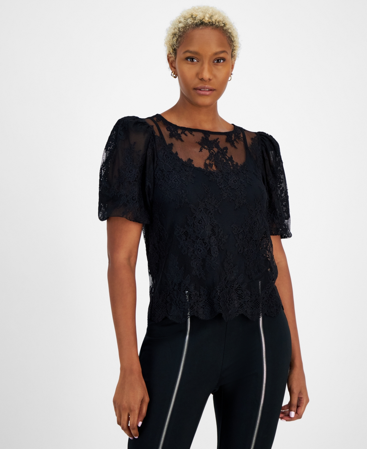 Women's Round-Neck Lace Blouse, Created for Macy's - Black