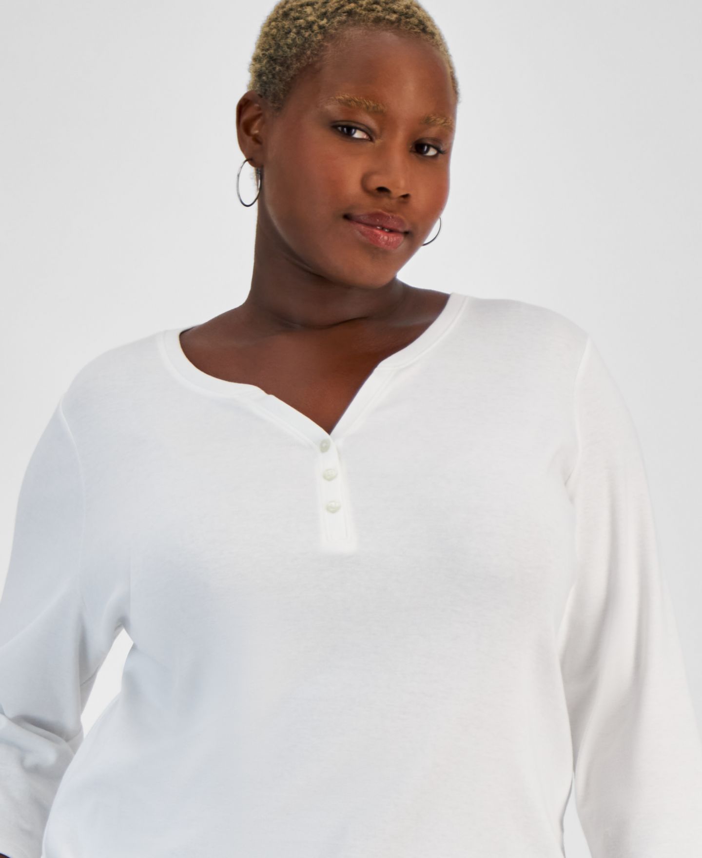 Женская футболка Style & Co Plus Size 3/4-Sleeve Henley, цвет: Яркий белый — фото 3
