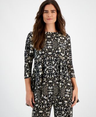 JM Collection - Women's Trellis Asymmetric-Hem Swing Top