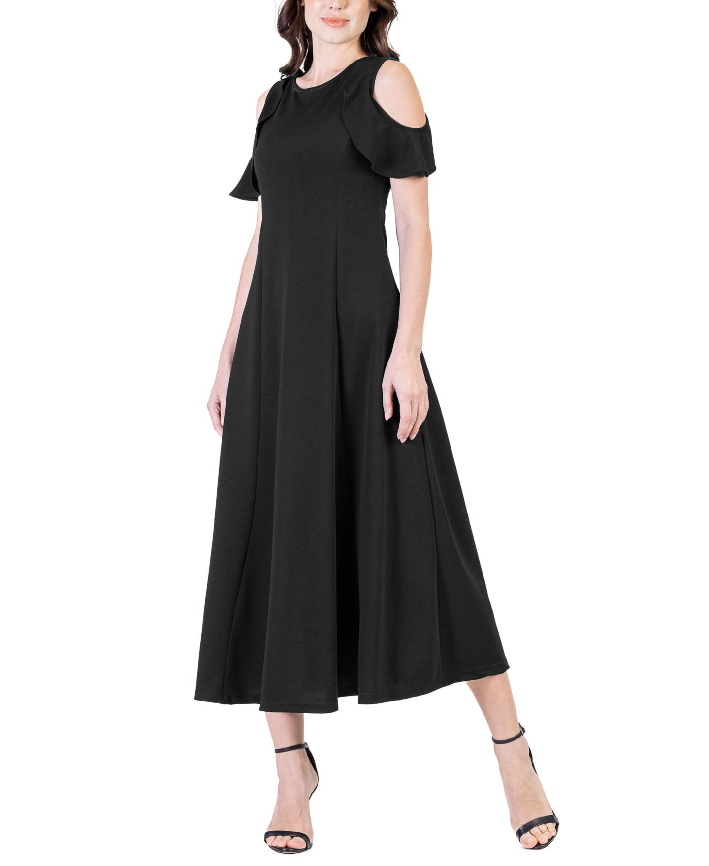 Женское платье 24seven Comfort Apparel Ruffle Cold Shoulder A Line Maxi, цвет: Чёрный — фото 2