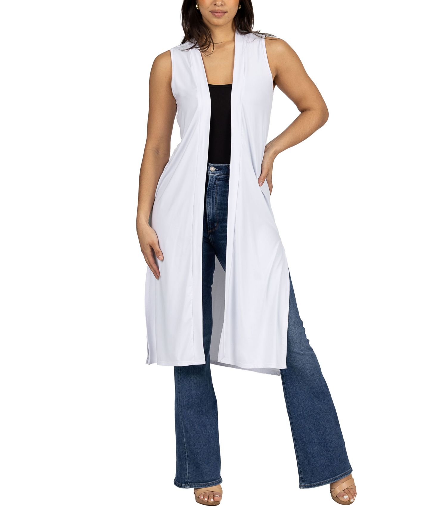 Женские кардиганы 24seven Comfort Apparel Sleeveless Long with Side Slit Cardigan Vest, цвет: Чёрный — фото 5