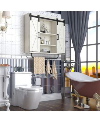 Vintage White Rustic Wood Wall Storage Cabinet with Two Sliding Barn Door