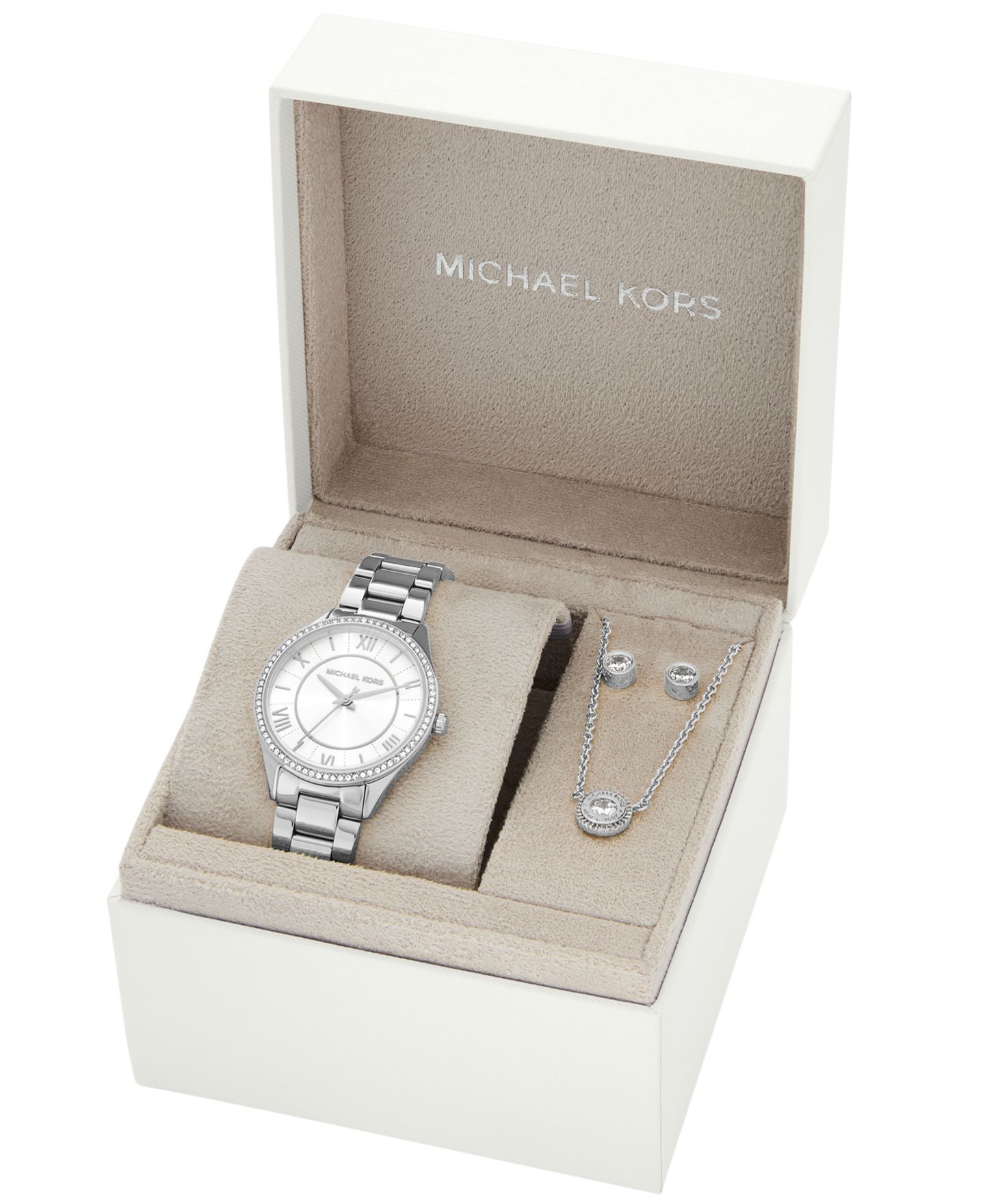 Женский подарочный набор Michael Kors Lauryn: часы, серьги и колье, сталь, 33 мм — фото 4