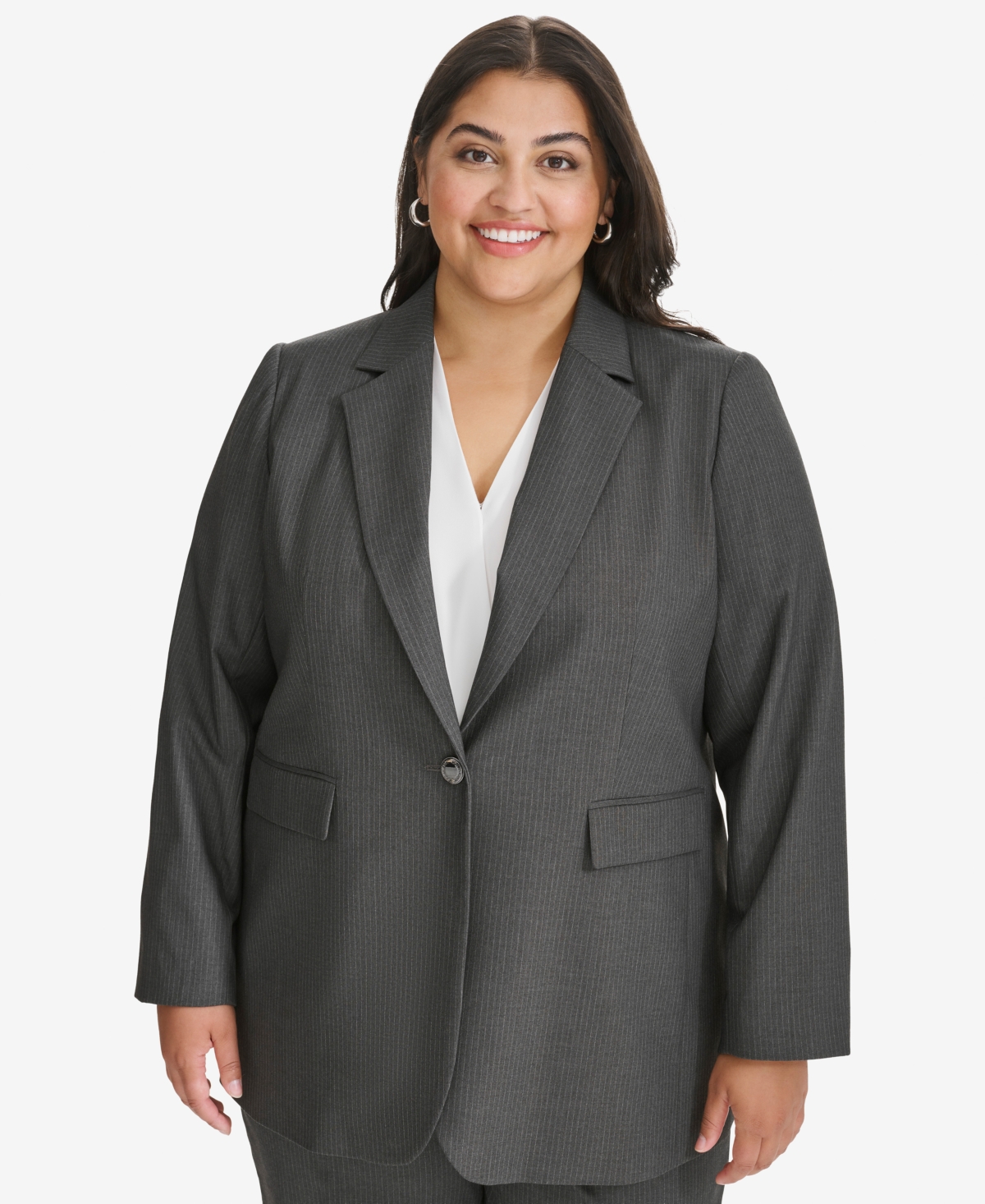 CALVIN KLEIN PLUS SIZE PINSTRIPED ONE-BUTTON JACKET 