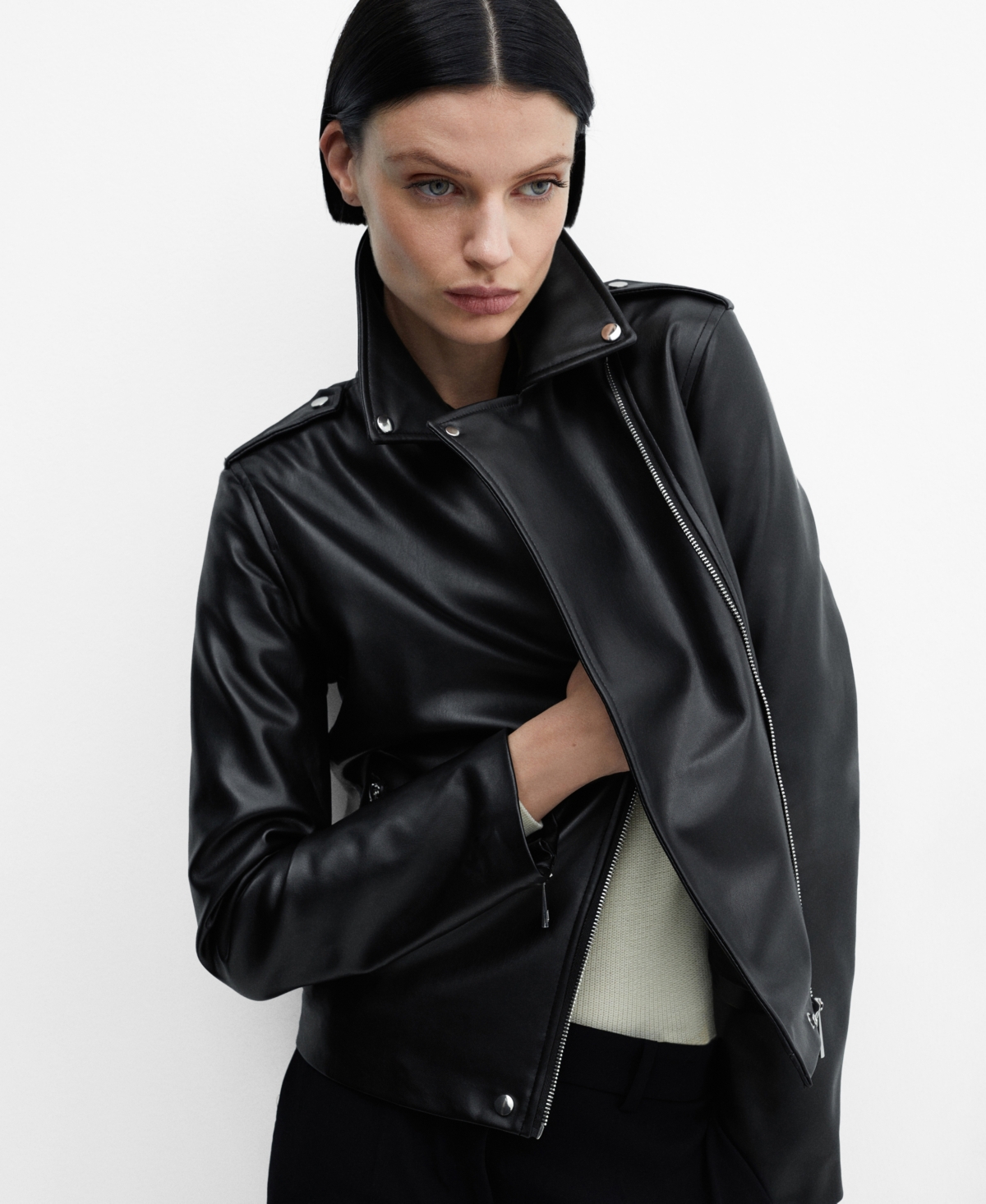 Women's Faux-Leather Biker Jacket - Black