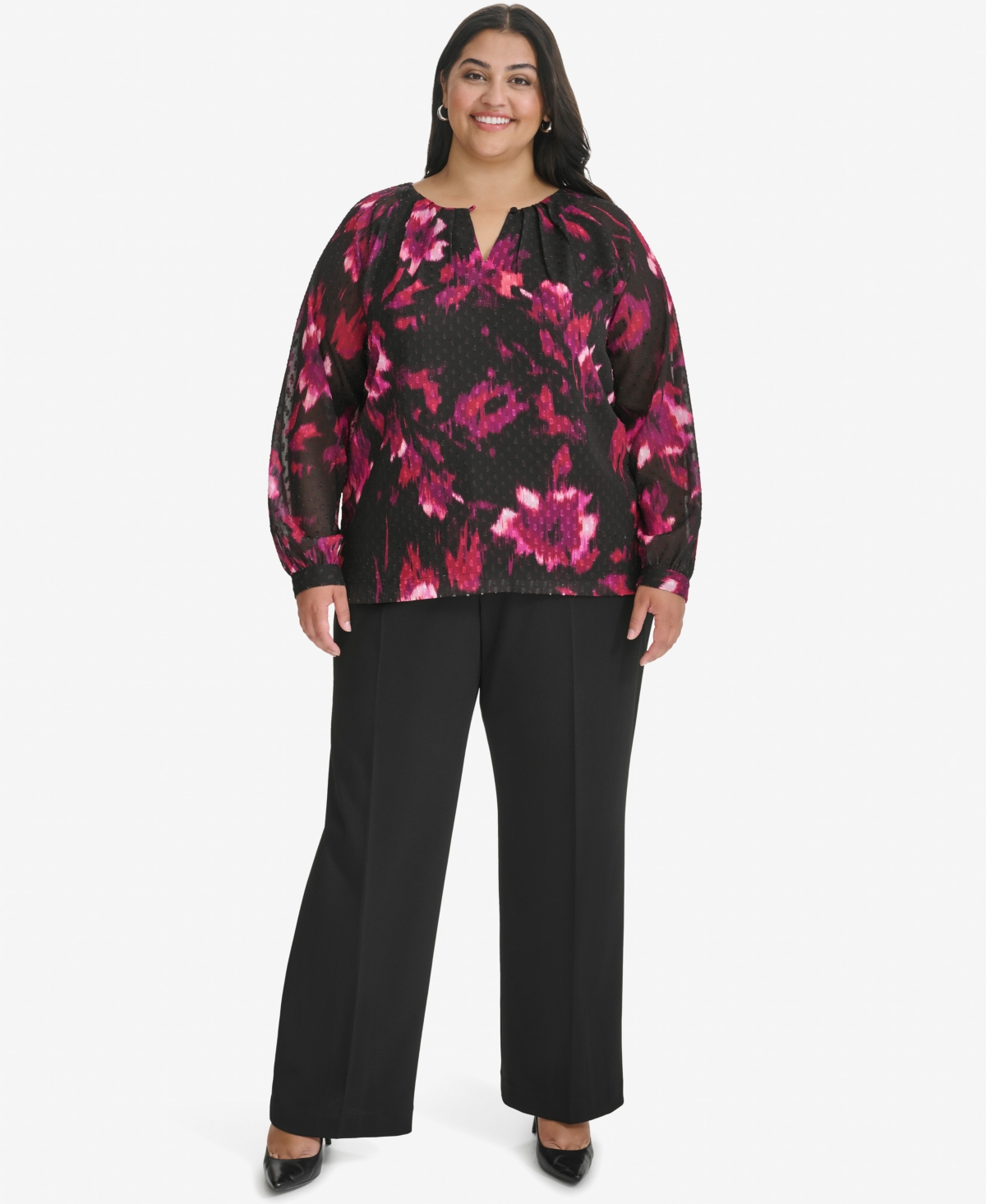 Calvin Klein Plus Size Floral-Print Pleated Blouse