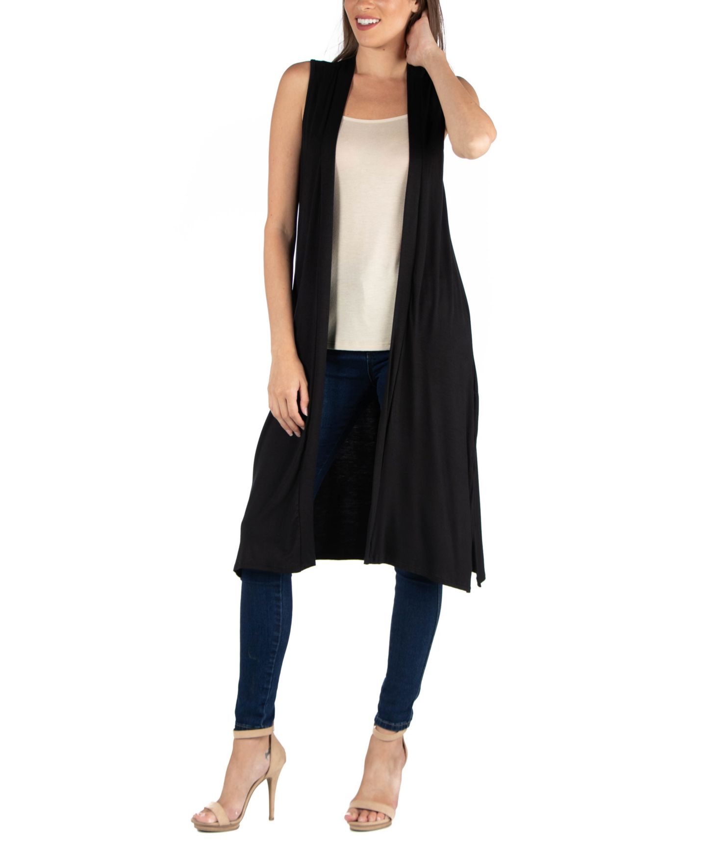 Женские кардиганы 24seven Comfort Apparel Sleeveless Long with Side Slit Cardigan Vest, цвет: Чёрный — фото 4