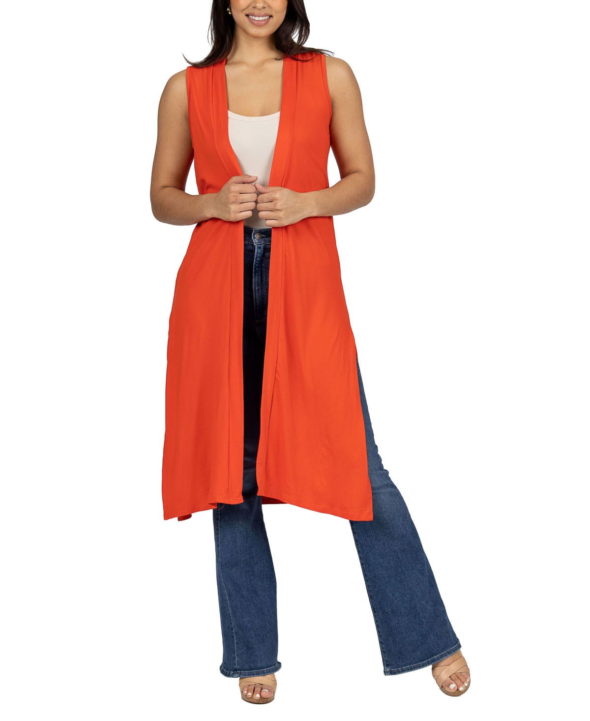 Sleeveless Long with Side Slit Cardigan Vest - Orange
