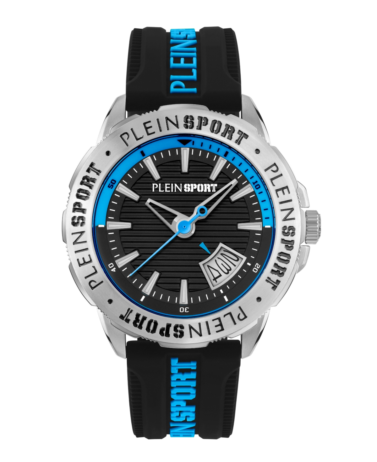 PLEIN SPORT MEN'S RAMPAGE 3 HAND DATE QUARTZ BLACK SILICONE STRAP 44MM 