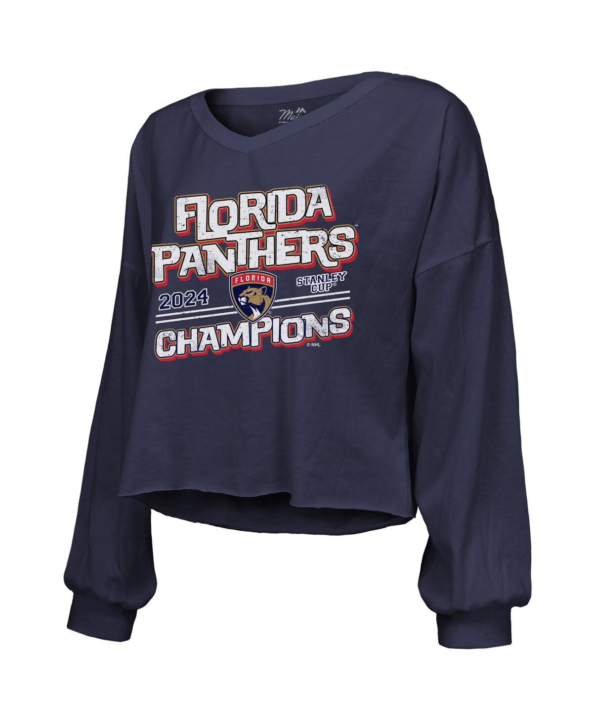 Majestic Women'sFlorida Panthers 2024 Stanley Cup Champions Off-Shoulder Long Sleeve V-Neck T-Shirt - Navy