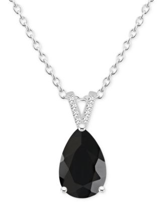 Labradorite & Diamond Accent Pear 18" Pendant Necklace in Sterling Silver (Also in Onyx)