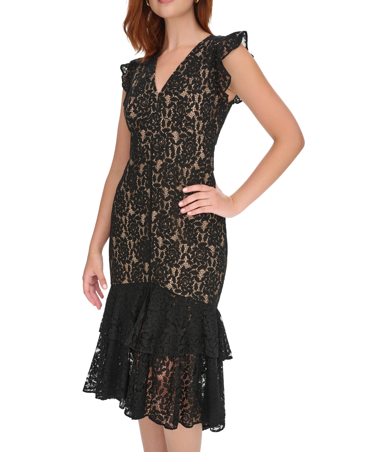 Tommy Hilfiger Women's V-Neck Ruffle-Trim Lace Dress