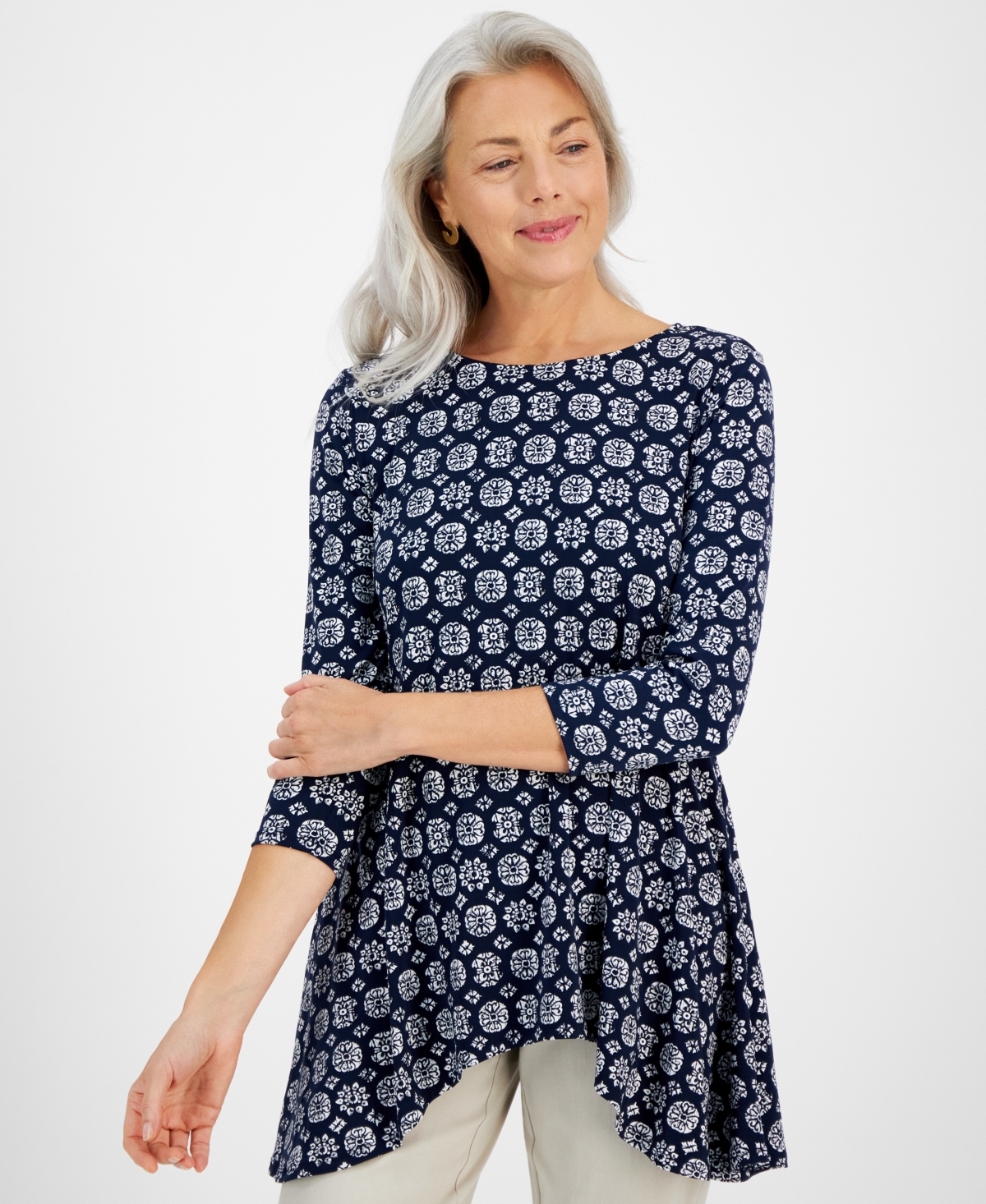 Jm Collection Petite Isabel Geometric Knit Swing Top, Created For Macy's In Intrepd Blue Cb