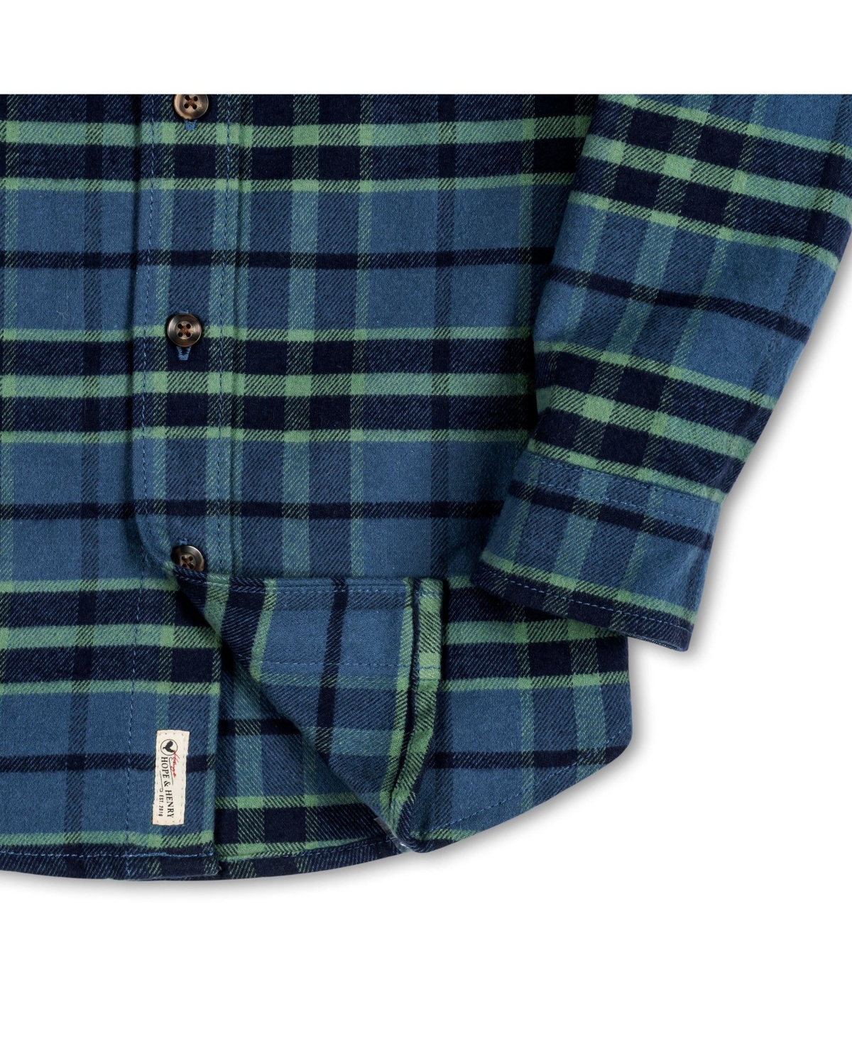 Hope & Henry Boys Organic Long Sleeve Flannel Button Down Shirt with Elbow Patches - Dark blue and green plaid