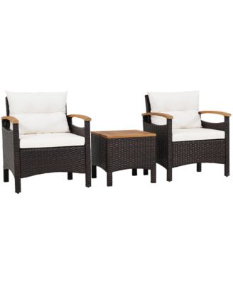 3PCS Patio PE Rattan Conversation Furniture Set Bistro Set Acacia Wood Tabletop