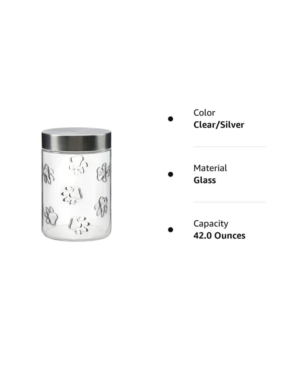 Amici Pet Maxwell Paw Medium Glass Storage Canister, 42 oz., Silver Lid - silver lid
