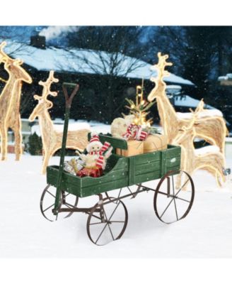 Wooden Wagon Plant Bed with Metal Wheels for Garden Yard Patio