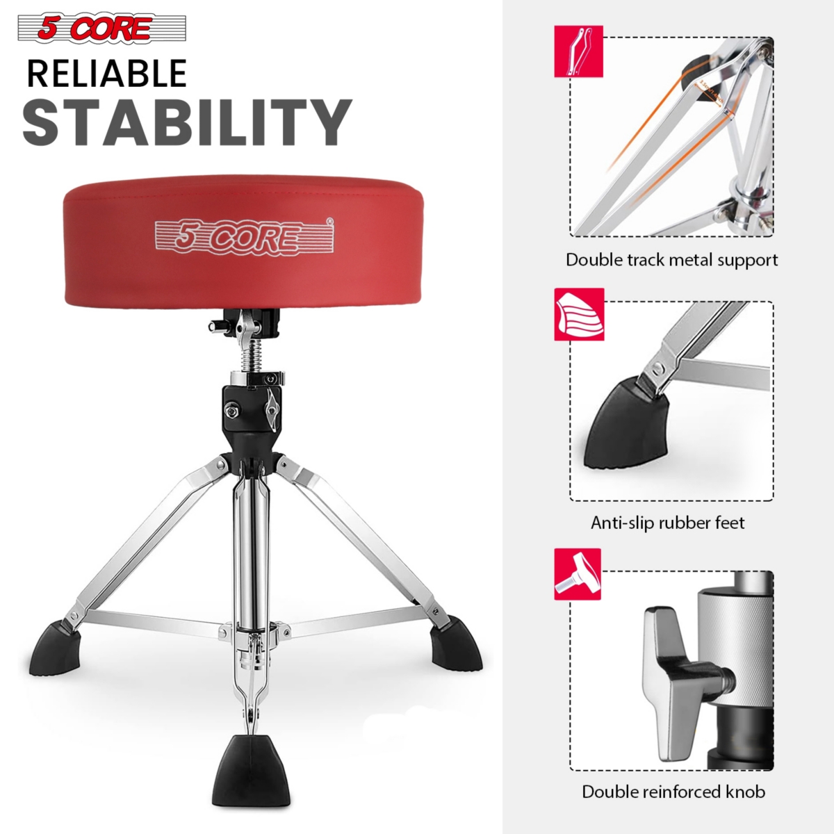 5 Core Drum Throne Comfortable Height Adjustable Stool Thick Padded Seat Professional Heavy Duty Musician Drummer Chair lbs Capacity for Adults An