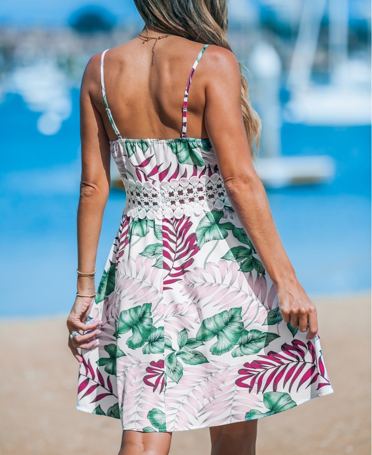 Cupshe Women'sTropical Leaf Sleeveless Surplice Mini Beach Dress - White