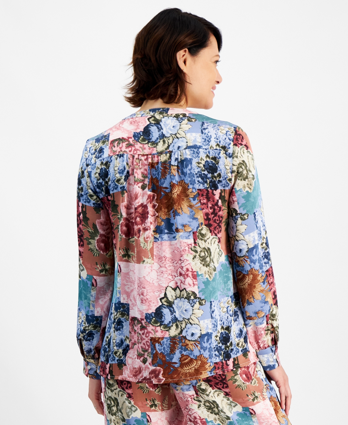 Jm Collection Petite Floral-Print Split-Neck Pullover Top, Created for Macy's