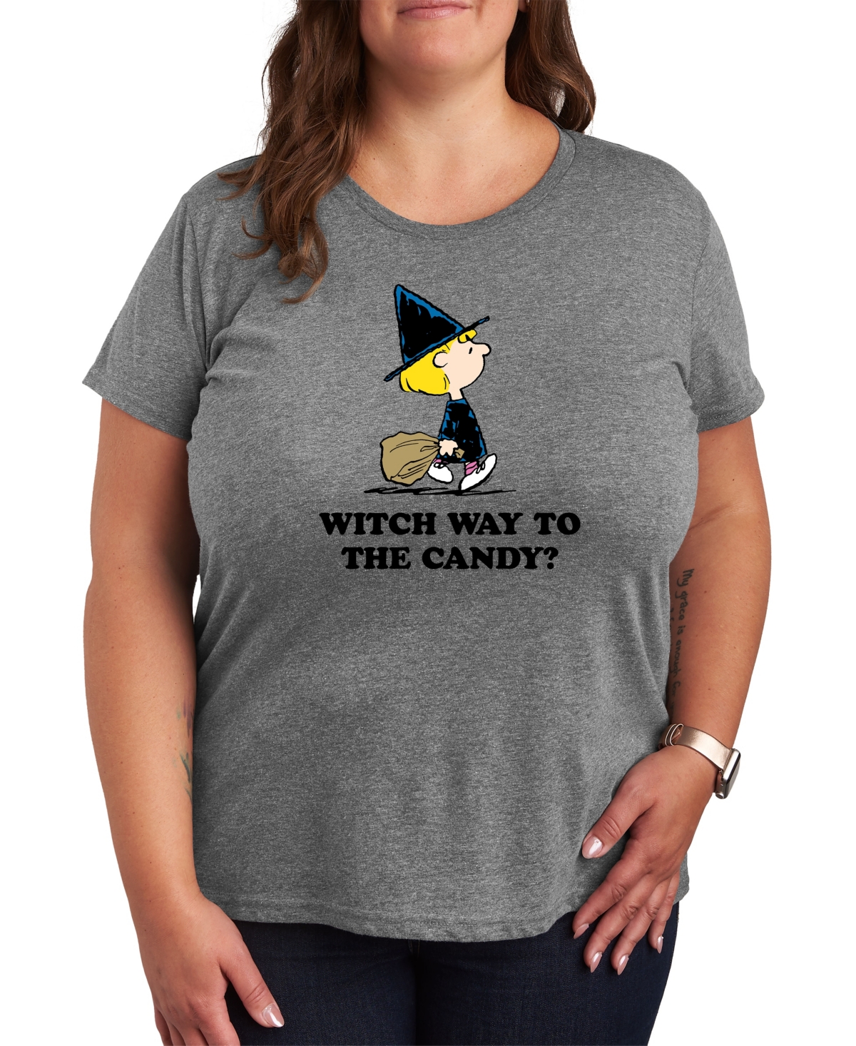 Hybrid Apparel Trendy Peanuts Witch Way Plus Size Graphic T-shirt In Grey
