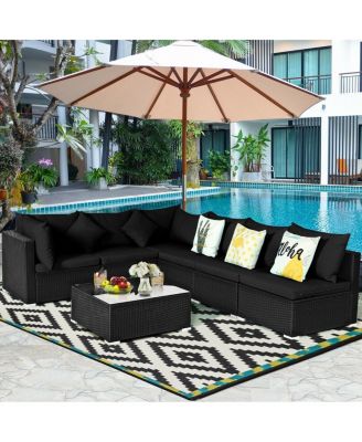 7 Pieces Sectional Wicker Furniture Sofa Set with Tempered Glass Top-Black