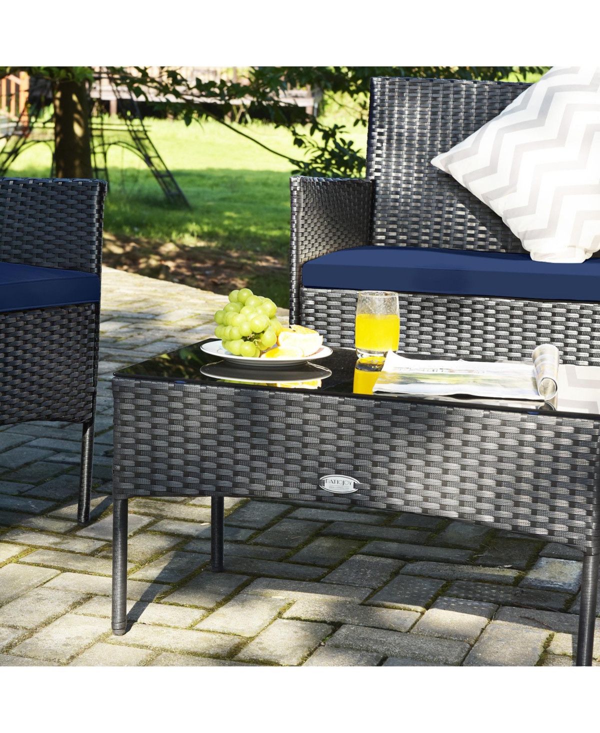 Sugift 4 Pieces Patio Rattan Cushioned Sofa Set with Tempered Glass Coffee Table& Off White - Navy