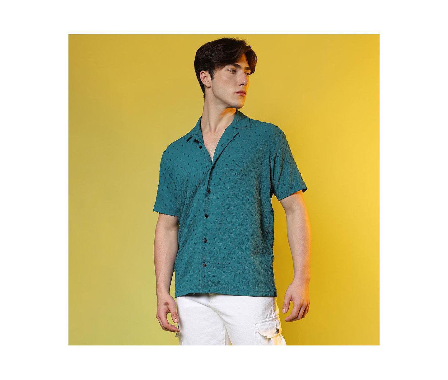 Мужская рубашка Cahoot Teal Green Self-Design Pom-Pom — фото 7