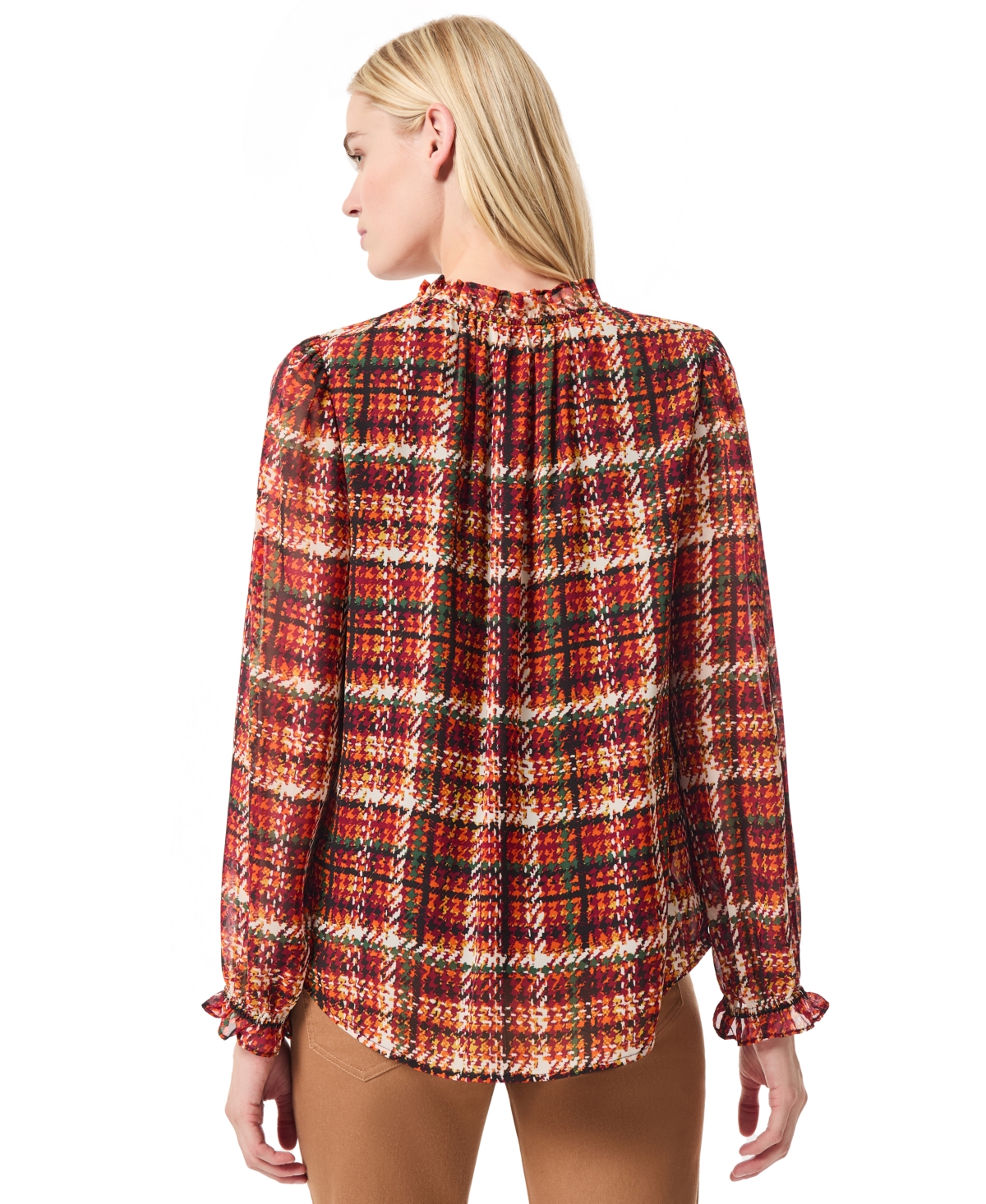Jones New York Petite Ruffled-Neck Plaid-Print Top