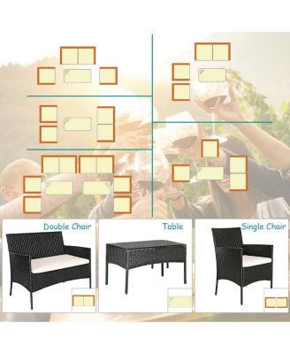 4 Pieces Patio Rattan Cushioned Conversation Sets with Tempered Glass Coffee Table