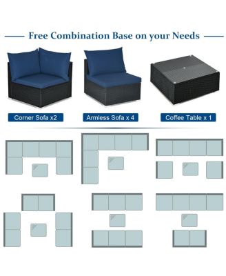 7 Pieces Sectional Wicker Furniture Sofa Set with Tempered Glass Top-Navy