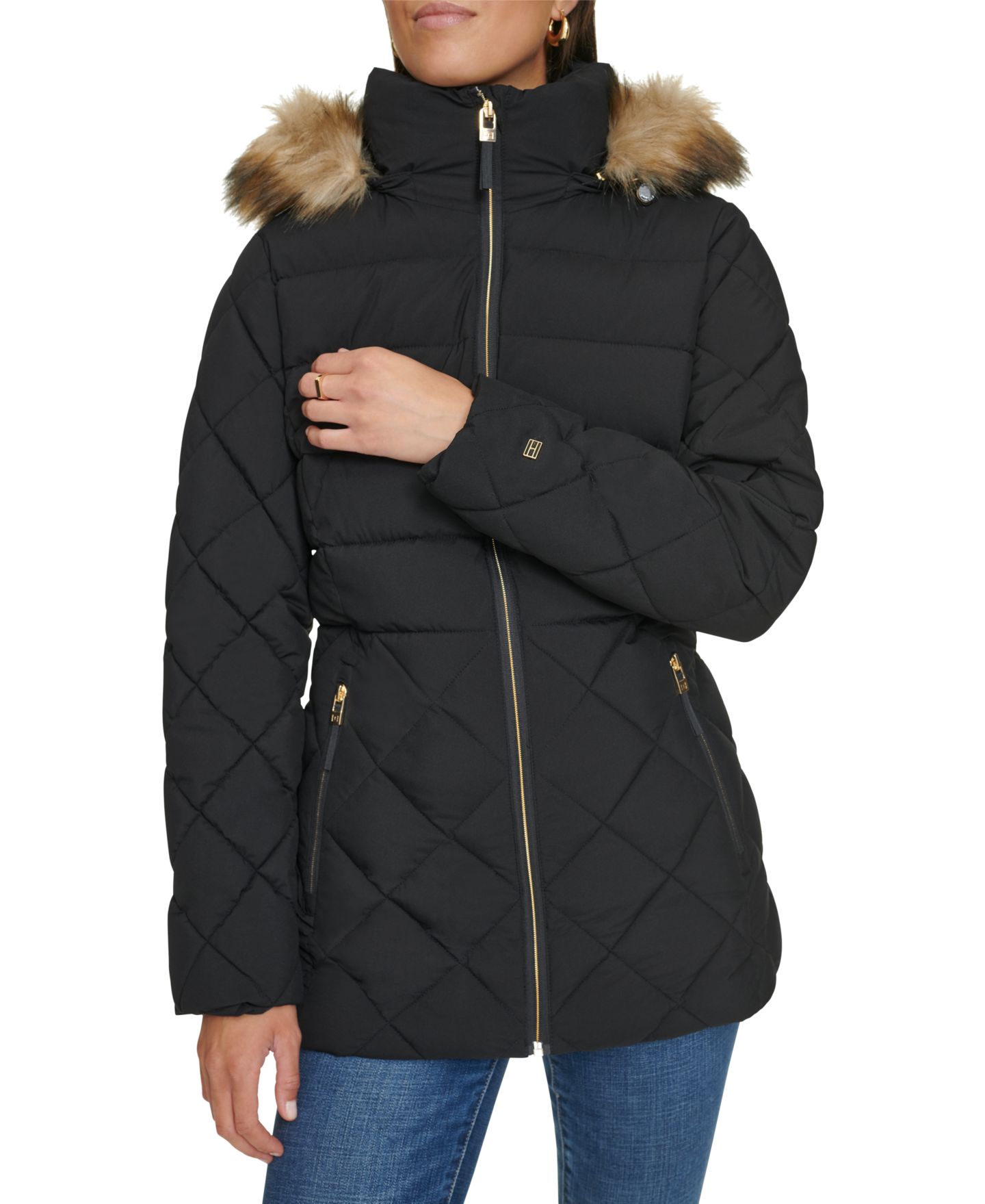 Женская куртка Tommy Hilfiger Bibbed Faux-Fur-Trim Hooded Puffer, цвет: Чёрный — фото 5