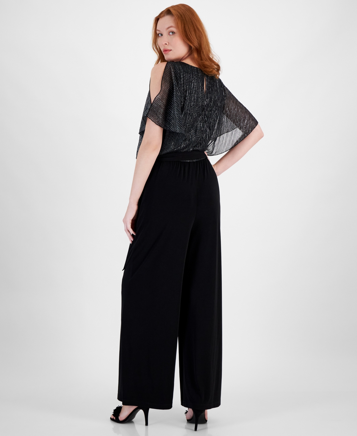Connected Petite Metallic-Overlay Wide-Leg Jumpsuit -Silver