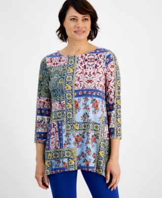 JM Collection - Petite Patchwork Thrift Swing Jacquard Top