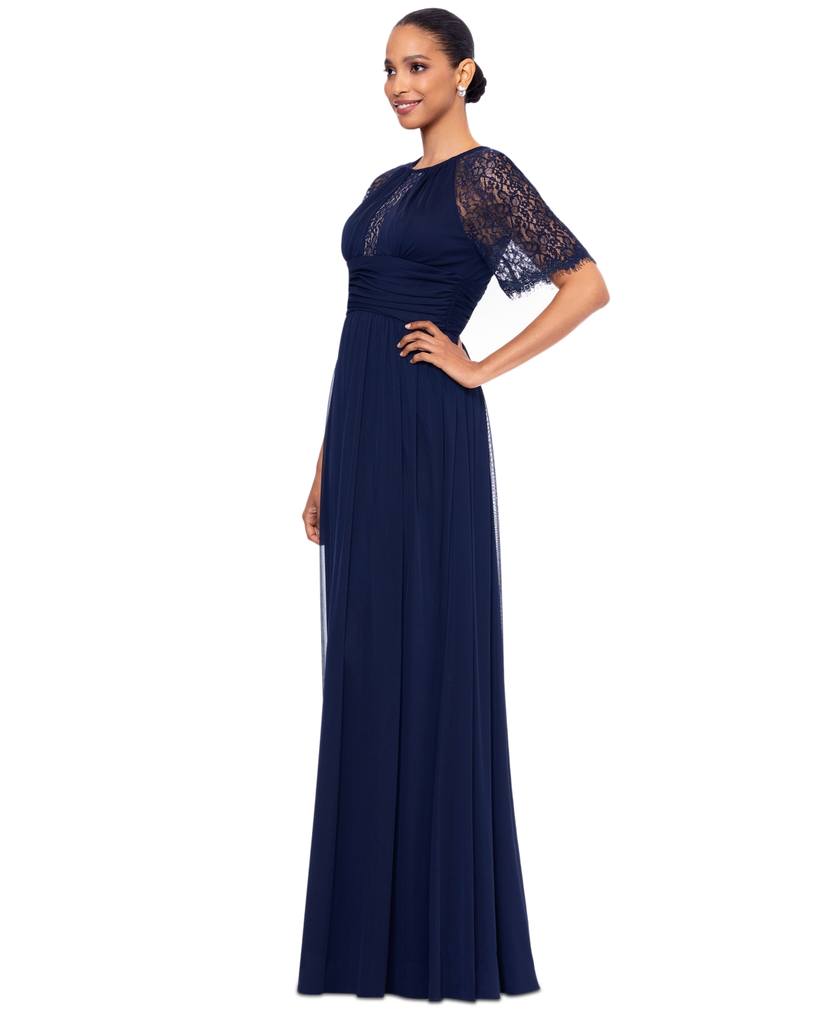 Betsy & Adam Women's Lace Trim Short-Sleeve Gown