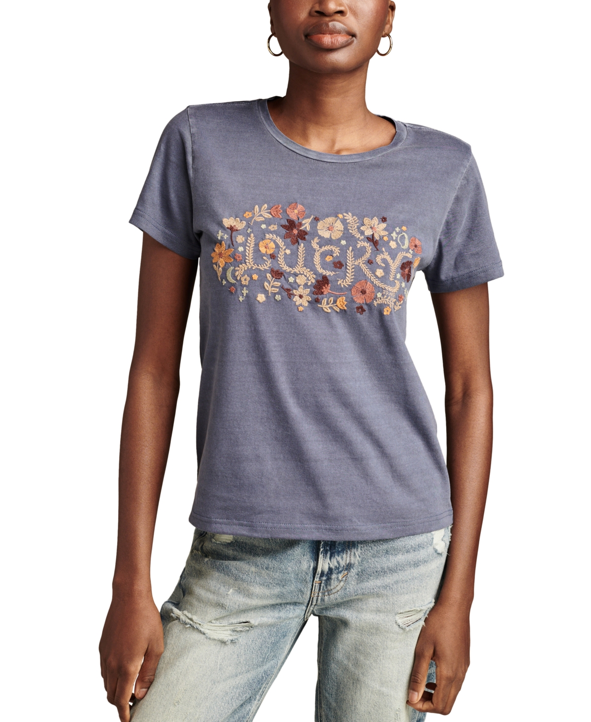 LUCKY BRAND WOMEN'S COTTON LUCKY FLORAL EMBROIDERED T-SHIRT 