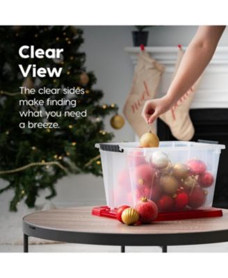 USA 4Pack 19qt Christmas Plastic Storage Bin with Lid and Secure Latching Buckles, Clear/Red