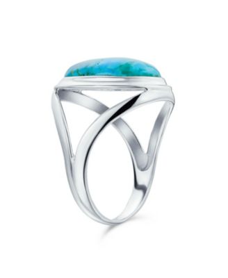 Simple Large Dome Oval Cabochon Bezel Set Blue Natural Turquoise Western Statement Ring For Women Split Band .925 Sterling Silver