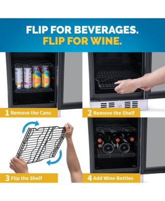 15" FlipShelf Wine and Beverage Refrigerator, Reversible Shelves Hold 80 Cans or 33 Bottles, Stainless Steel & Double-Layer Tempered Glass Door, Quiet Compressor Cooling, Compact Wine Cellar, Built-in Counter or Freestanding Fridge for Reds