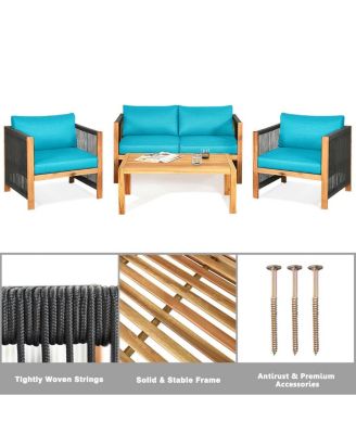 4 Pieces Acacia Wood Sofa Set with Cushions for Outdoor Patio-Blue