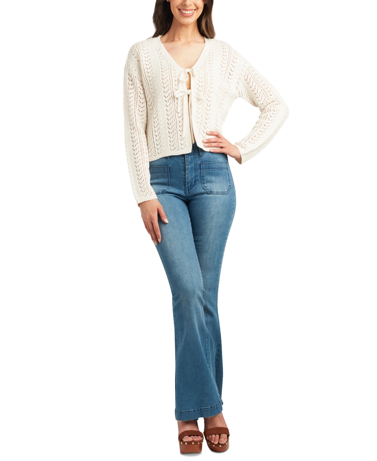 Bcx Juniors' Pointelle-Knit Double-Tie V-Neck Cardigan