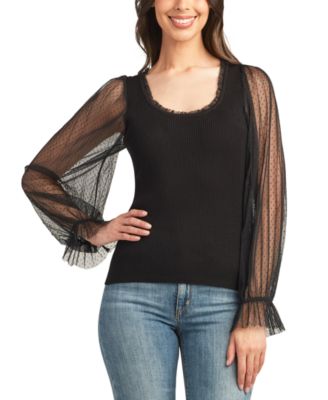 BCX - Juniors' Mixed-Media Sheer Clip-Dot Sleeve Top