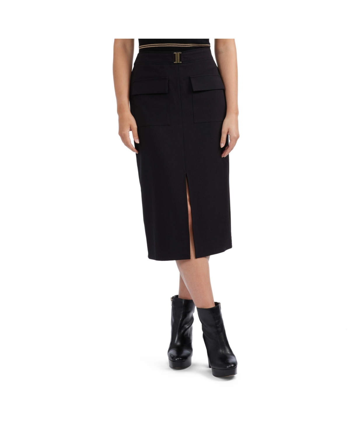 Women's Pull On Pencil Skirt with Buckle Detail - Black