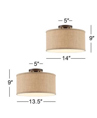 Adams Modern Ceiling Light Semi Flush Mount Fixtures 14" Wide Set of 2 Bronze Burlap Fabric Drum Shade for Bedroom Kitchen Living Room