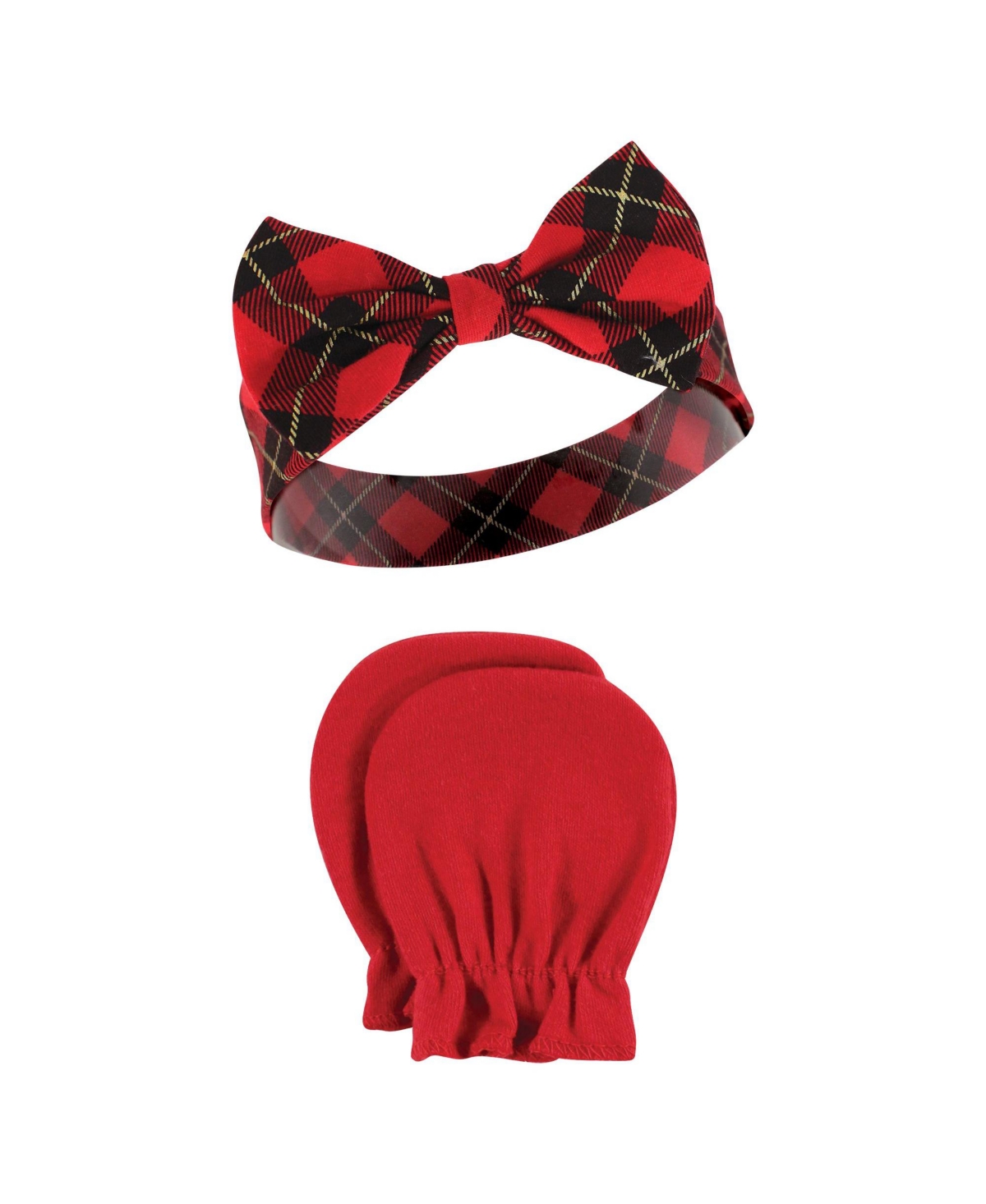 Hudson Baby Baby Girls Cotton Headband and Scratch Mitten Set, Months - Fancy plaid snowflake