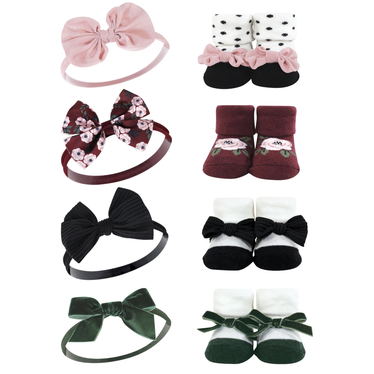 Hudson Baby Infant Girl 16Pc Headband and Socks Giftset, One Size - Burgundy floral