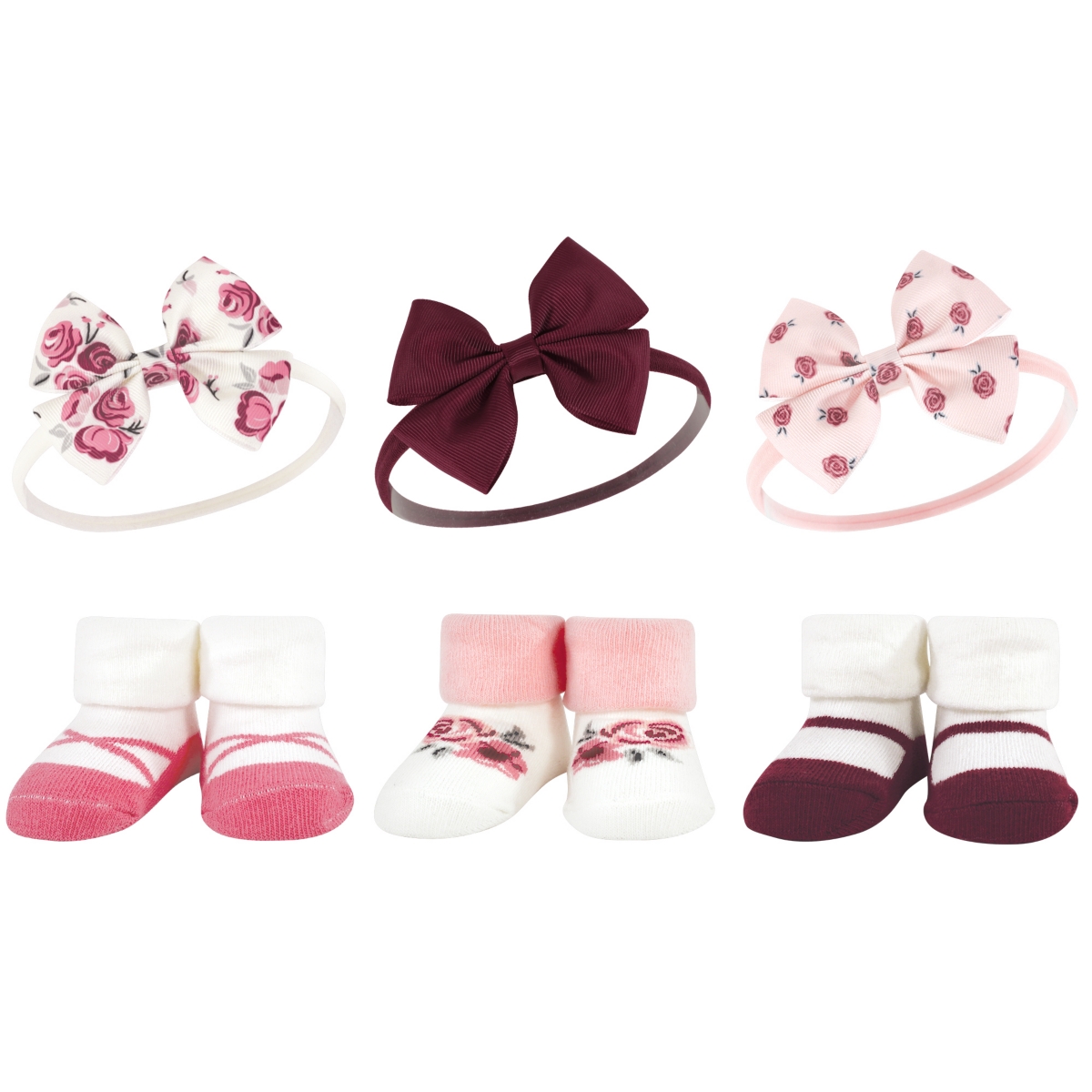 Hudson Baby Infant Girl 12Pc Headband and Socks Giftset, One Size - Rose pink burgundy